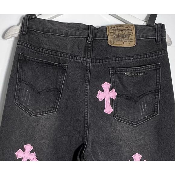 Vintage Levis 550 Black Jeans Pink Cross Patch Denim 30x28 - Picture 2 of 15